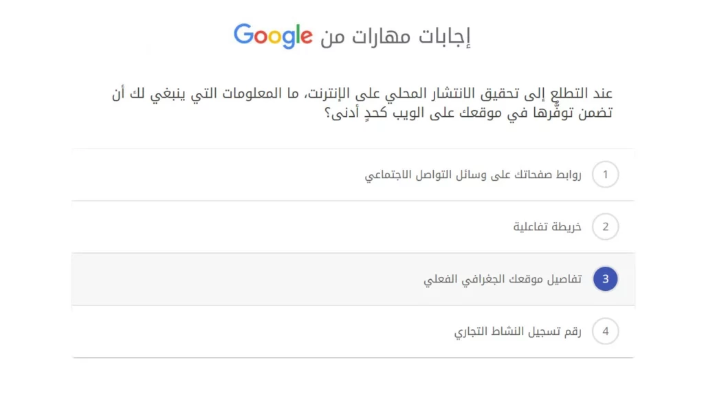 عند التطلع إلى تحقيق الانتشار المحلي على الإنترنت، ما المعلومات التي ينبغي لك أن تضمن توفُّرها في موقعك على الويب كحدٍ أدنى؟